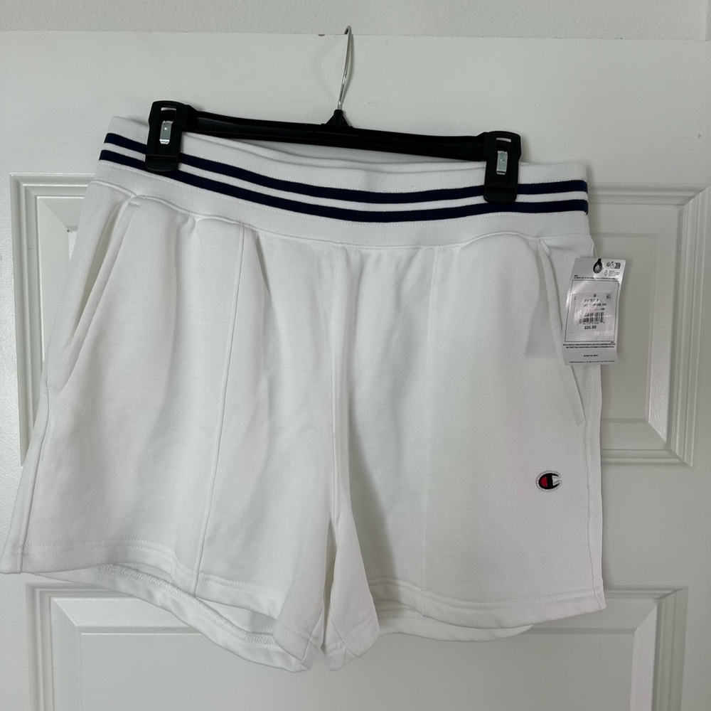 Champion White Athletic Shorts with Navy-Striped Waistband - Picture 3 of 4